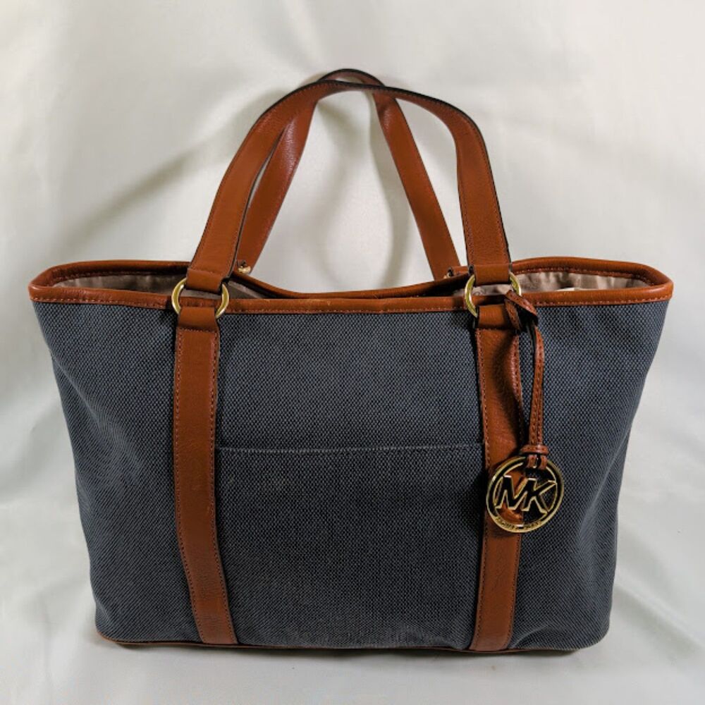 Michael Kors Kempton Large East West Tote Navy Canvas Brown Leather MK